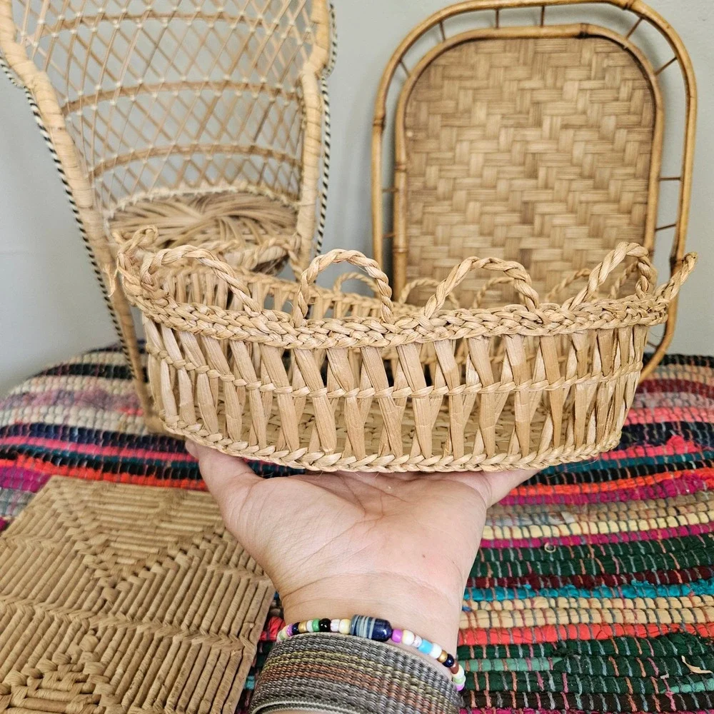 Mixed 4pc Wicker Rattan Lot Bundle Doll Chair Hot Pad Basket Tray Boho Farmhouse